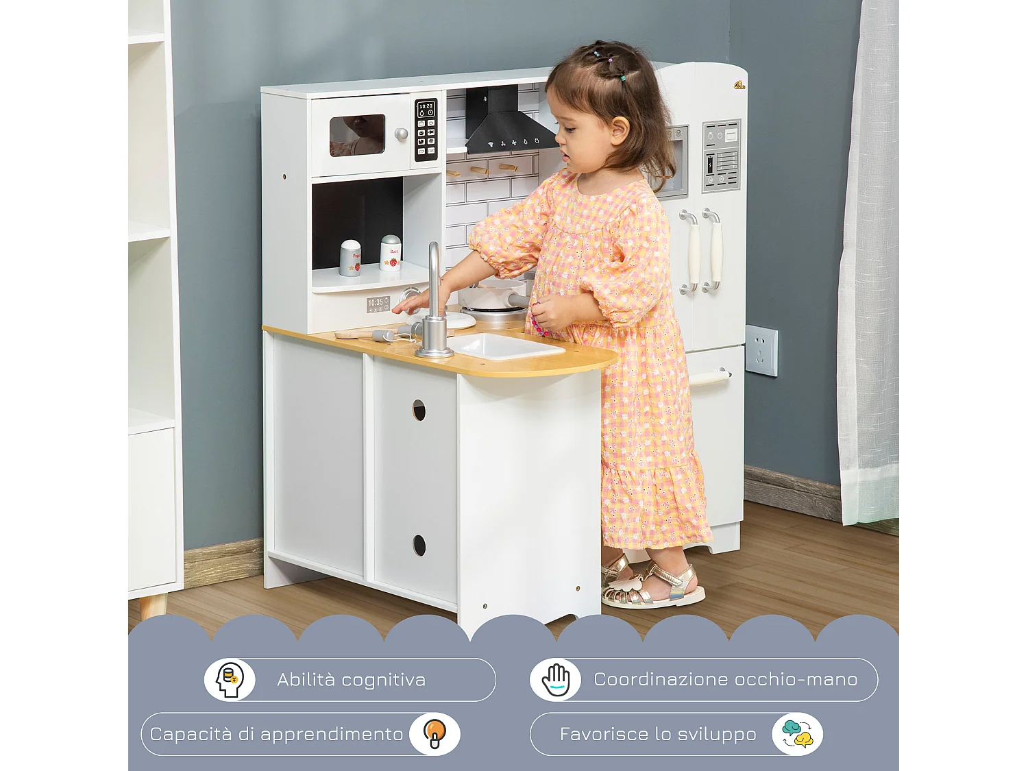 Cucina giocattolo in legno per bambini da 3-6 anni 14 accessori