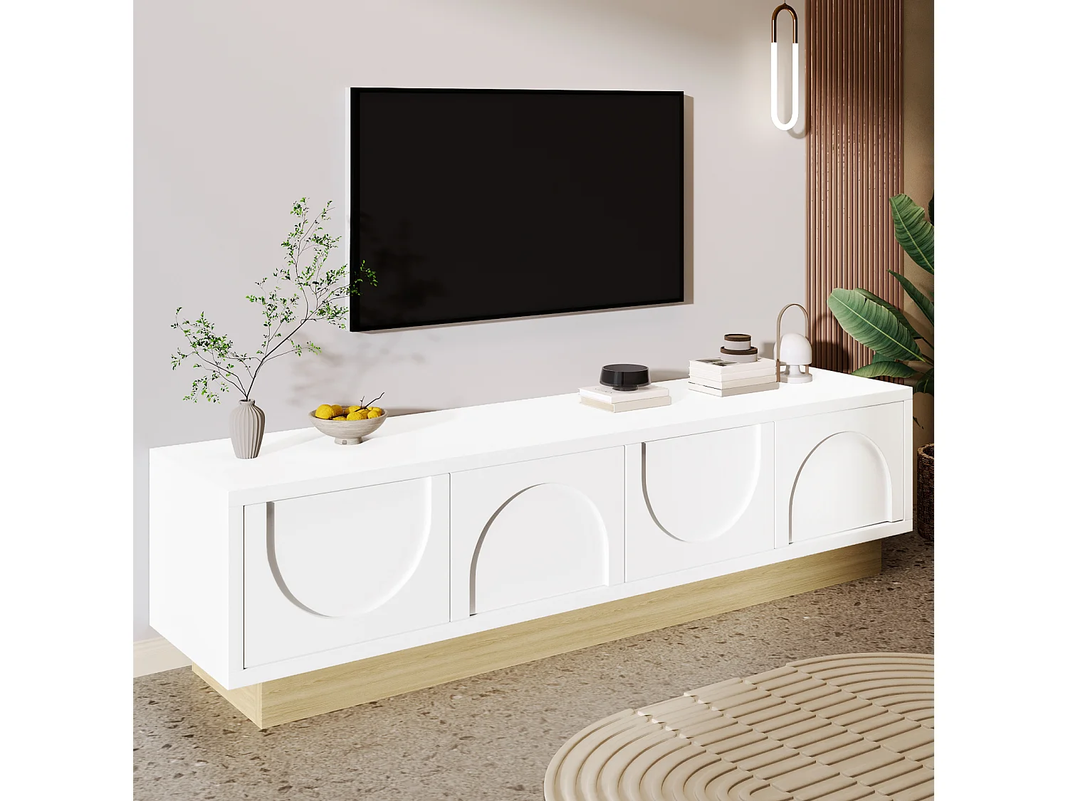 Mueble de TV moderno de 175 cm, blanco con vetas de madera. Diseño minimalista y curvo, amplio espacio de almacenamiento y sistema de gestión de cables.