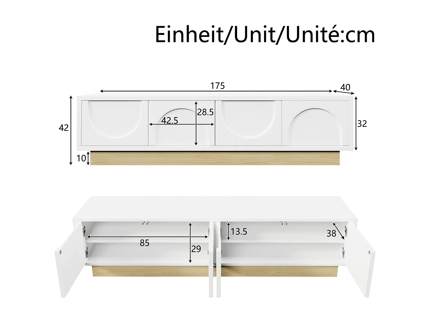 Mueble de TV moderno de 175 cm, blanco con vetas de madera. Diseño minimalista y curvo, amplio espacio de almacenamiento y sistema de gestión de cables.