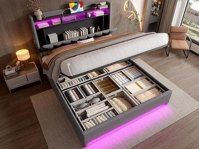 Lit Coffre 160×200 cm Velours Gris Foncé – Éclairage LED Multicolore - Ports USB+Type‑C - Rangement Sous Sommier – Style Contemporain