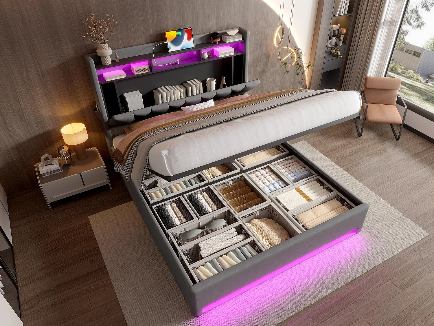 Lit Coffre 160×200 cm Velours Gris Foncé – Éclairage LED Multicolore - Ports USB+Type‑C - Rangement Sous Sommier – Style Contemporain