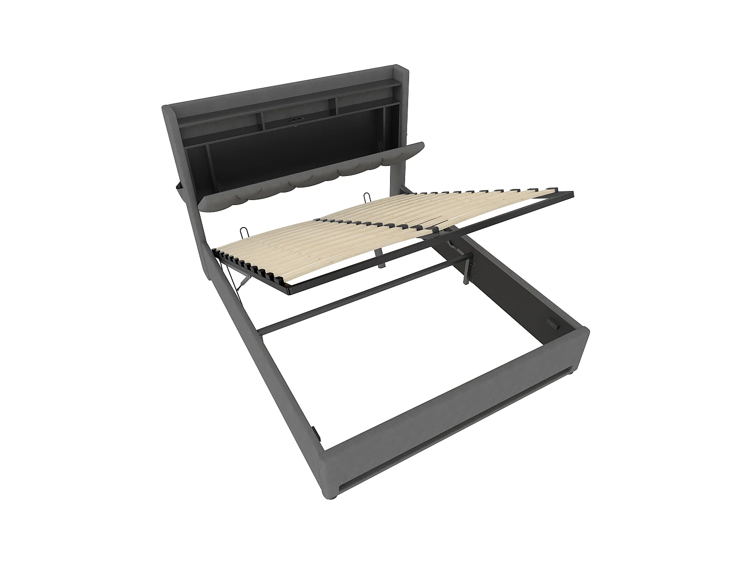 Lit Coffre 160×200 cm Velours Gris Foncé – Éclairage LED Multicolore - Ports USB+Type‑C - Rangement Sous Sommier – Style Contemporain