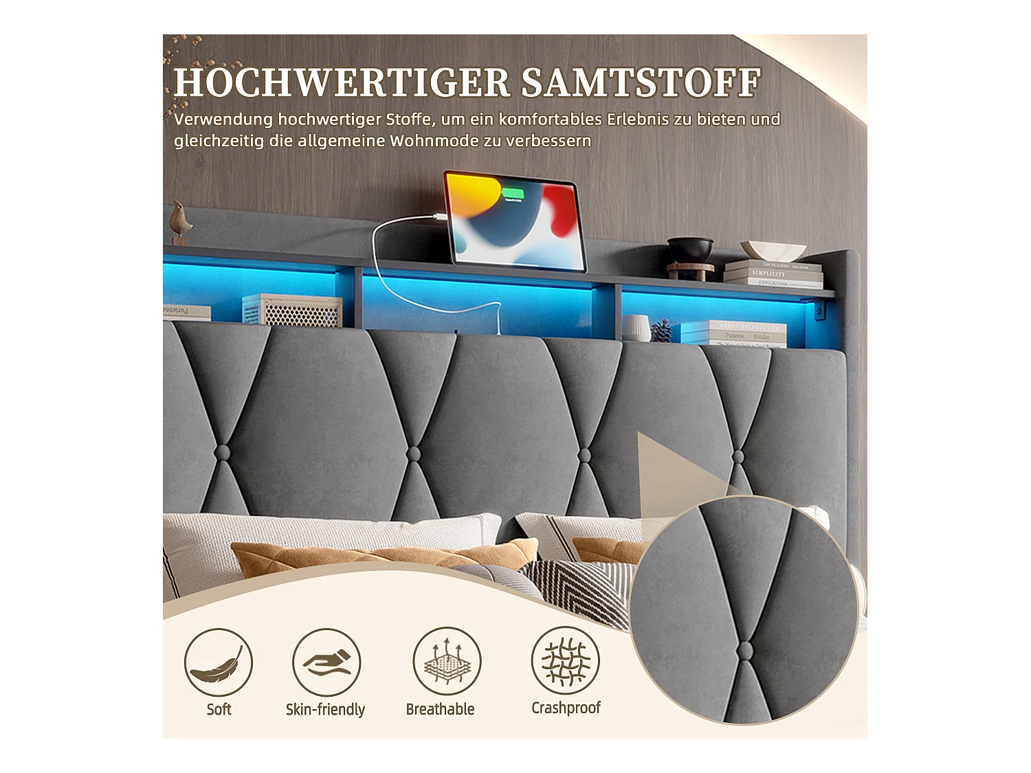 Lit Coffre 160×200 cm Velours Gris Foncé – Éclairage LED Multicolore - Ports USB+Type‑C - Rangement Sous Sommier – Style Contemporain