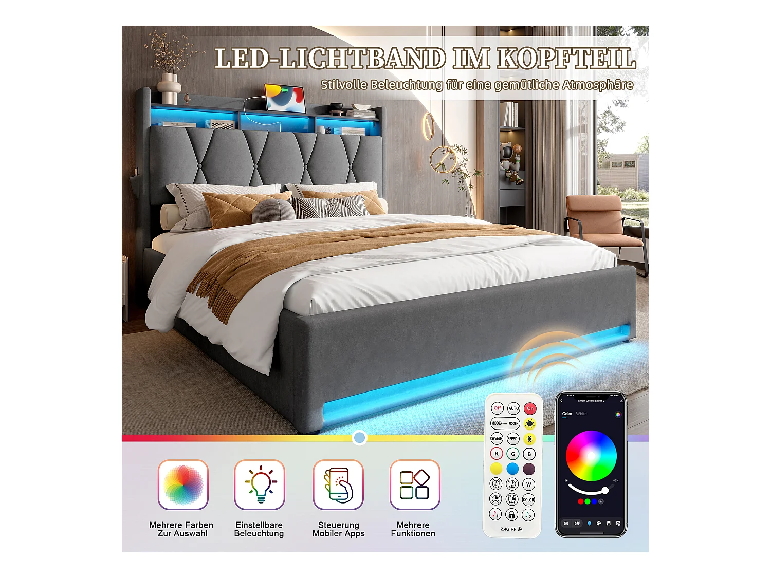 Lit Coffre 160×200 cm Velours Gris Foncé – Éclairage LED Multicolore - Ports USB+Type‑C - Rangement Sous Sommier – Style Contemporain