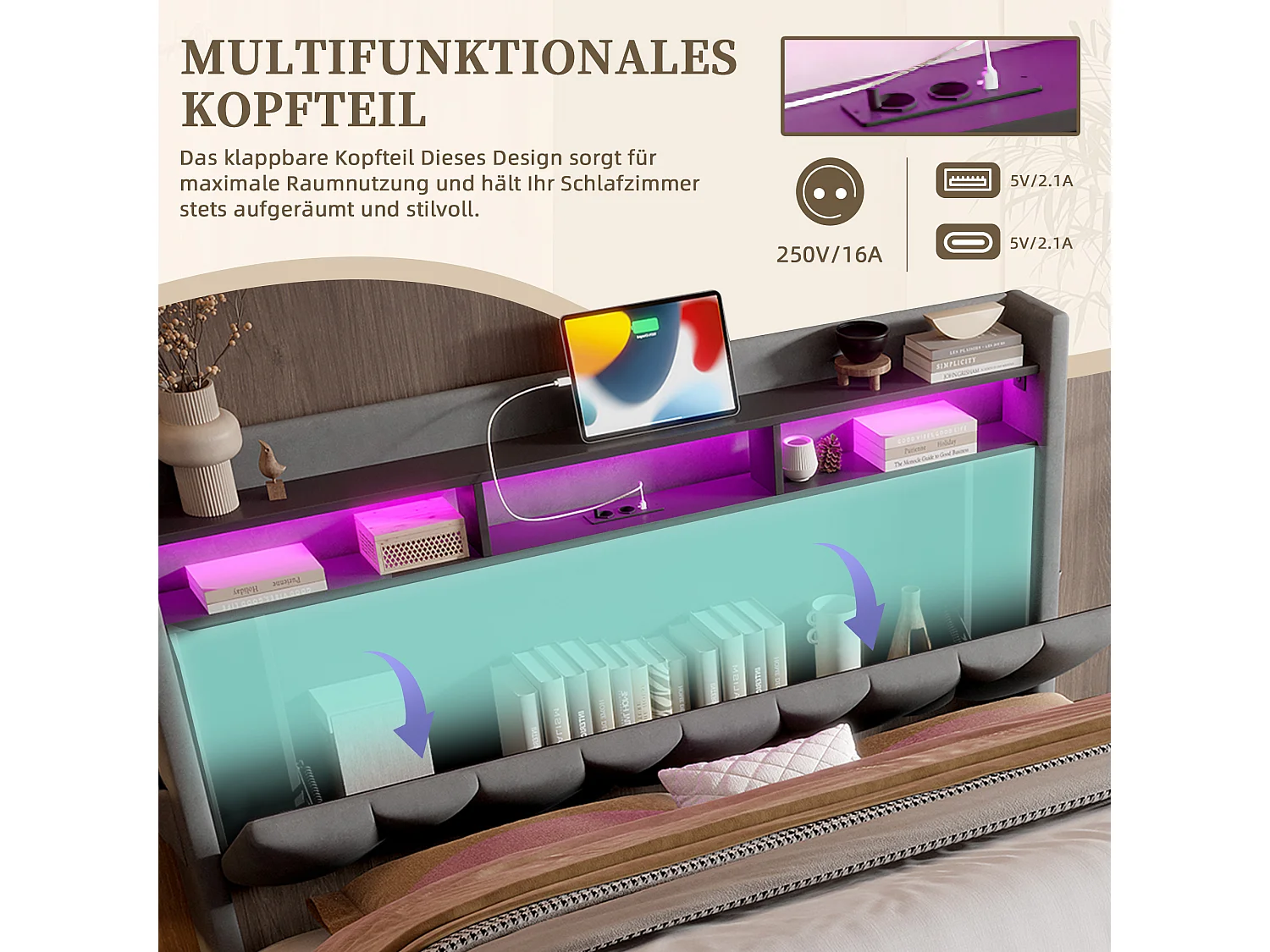 Lit Coffre 160×200 cm Velours Gris Foncé – Éclairage LED Multicolore - Ports USB+Type‑C - Rangement Sous Sommier – Style Contemporain