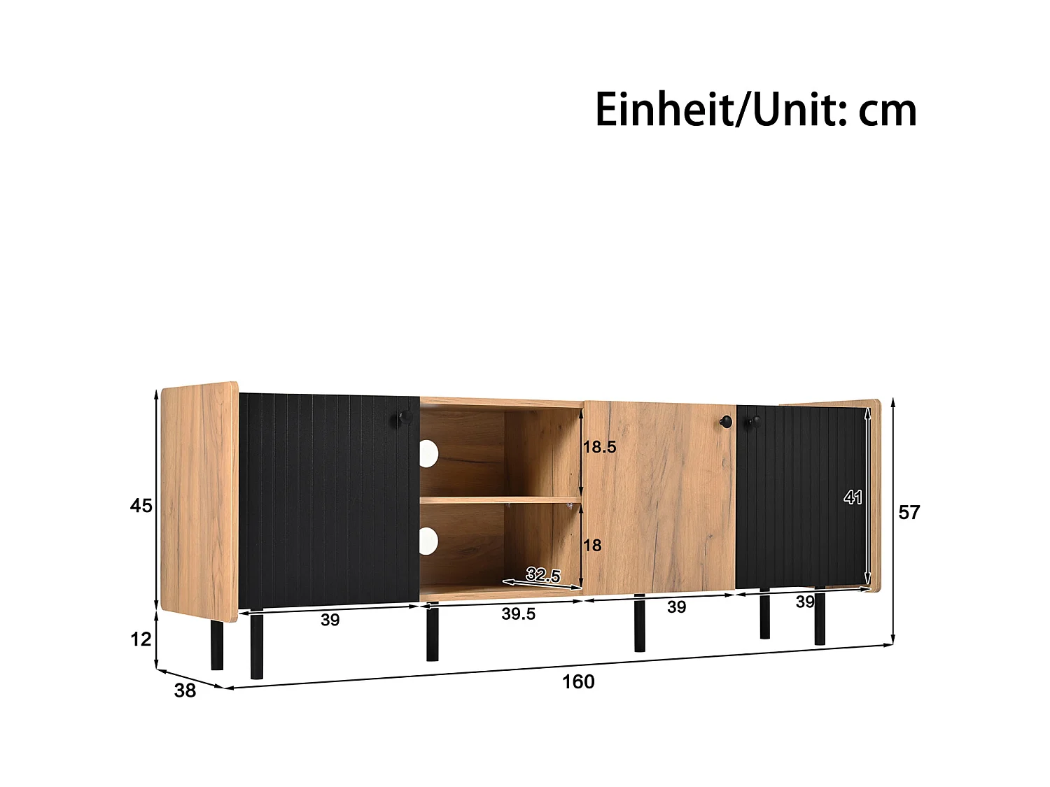 Mueble de TV de 160 cm en aspecto negro/madera, moderno con 3 puertas y 2 compartimentos abiertos para un ambiente de vida con estilo.