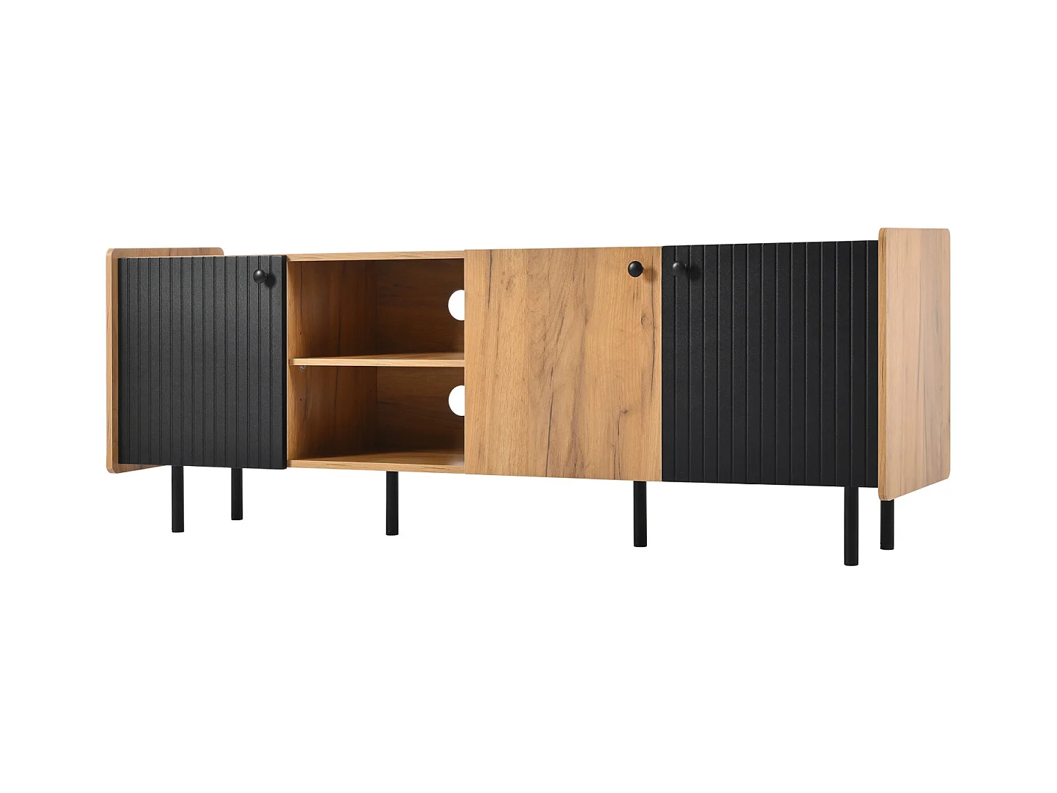 Mueble de TV de 160 cm en aspecto negro/madera, moderno con 3 puertas y 2 compartimentos abiertos para un ambiente de vida con estilo.
