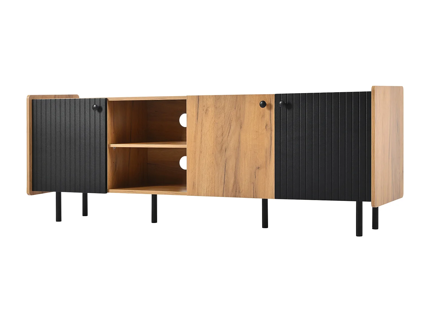 Mobile TV da 160 cm in effetto legno/nero, moderno con 3 ante e 2 scomparti aperti per un ambiente abitativo elegante.