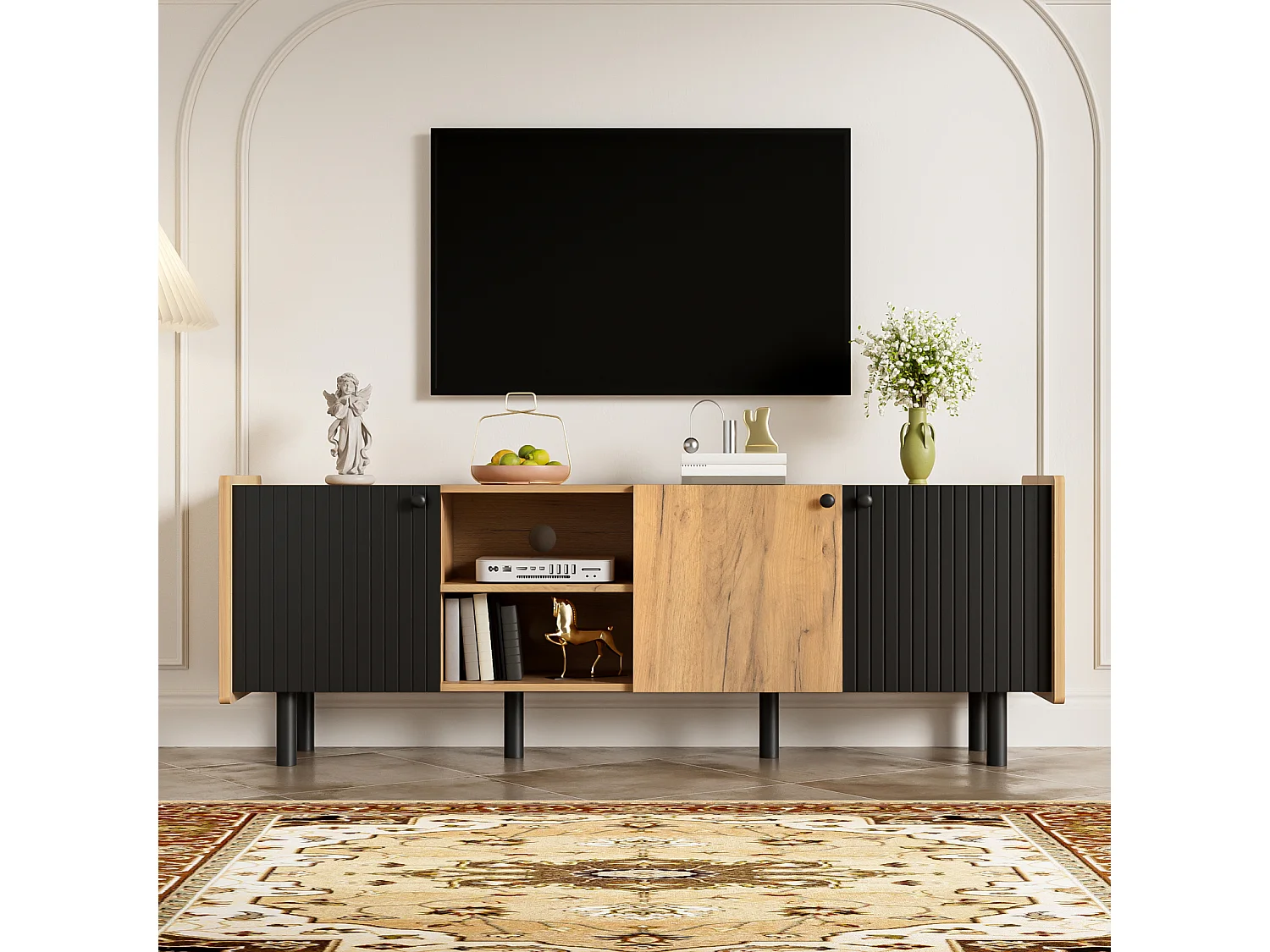 Meuble TV 160 cm aspect noir/bois, moderne avec 3 portes et 2 compartiments ouverts pour une ambiance de vie élégante.