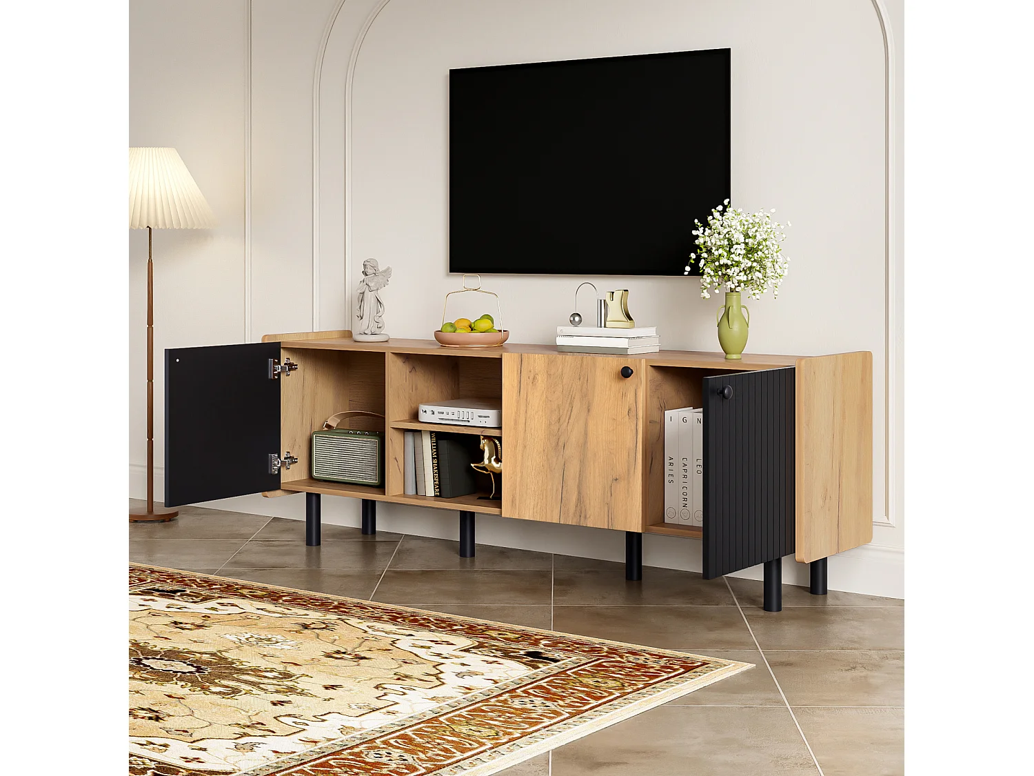 Meuble TV 160 cm aspect noir/bois, moderne avec 3 portes et 2 compartiments ouverts pour une ambiance de vie élégante.
