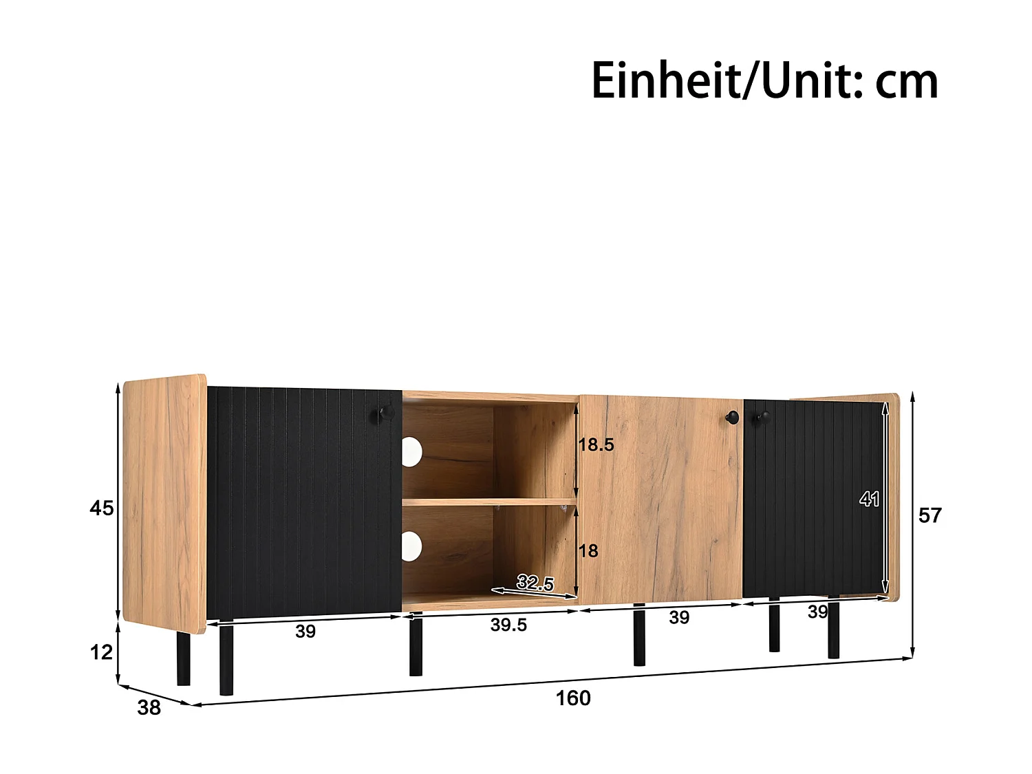 Meuble TV 160 cm aspect noir/bois, moderne avec 3 portes et 2 compartiments ouverts pour une ambiance de vie élégante.