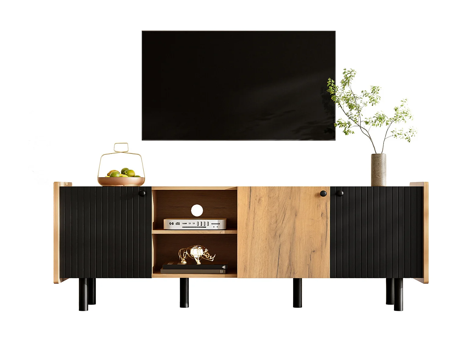 Meuble TV 160 cm aspect noir/bois, moderne avec 3 portes et 2 compartiments ouverts pour une ambiance de vie élégante.