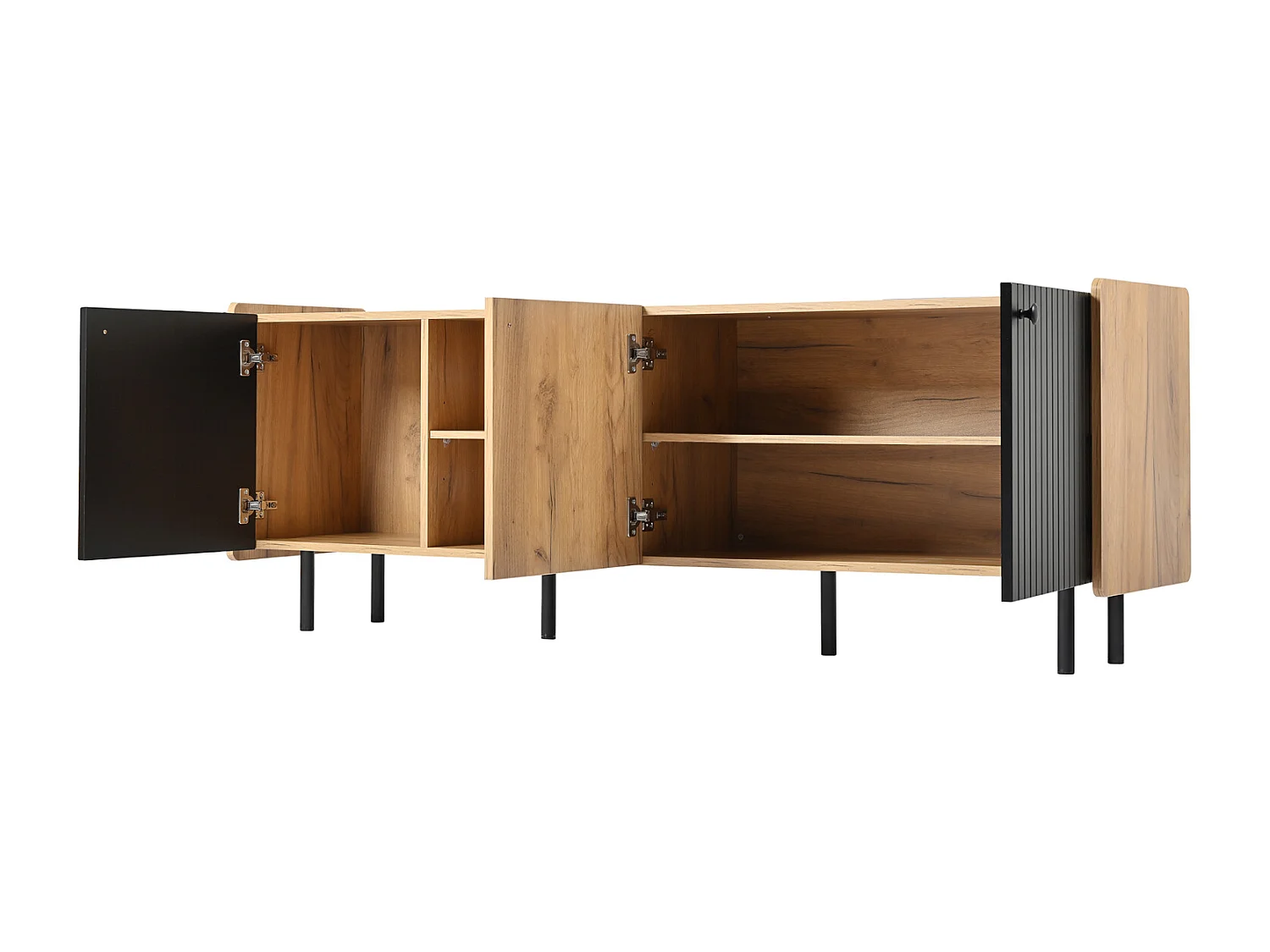 Meuble TV 160 cm aspect noir/bois, moderne avec 3 portes et 2 compartiments ouverts pour une ambiance de vie élégante.