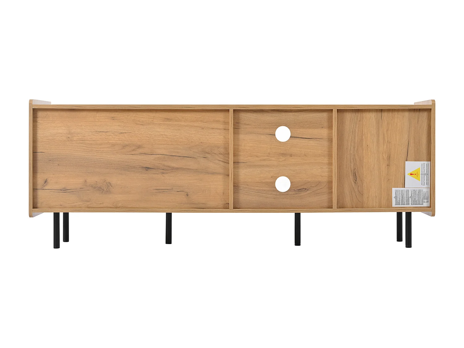 Meuble TV 160 cm aspect noir/bois, moderne avec 3 portes et 2 compartiments ouverts pour une ambiance de vie élégante.