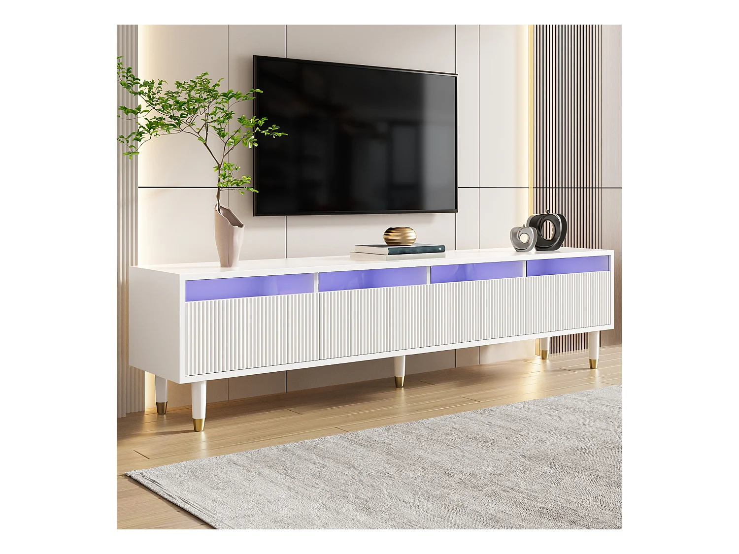 Meuble TV blanc minimaliste de 178 cm avec 4 tiroirs. En MDF et acrylique, robuste et polyvalent pour le salon.