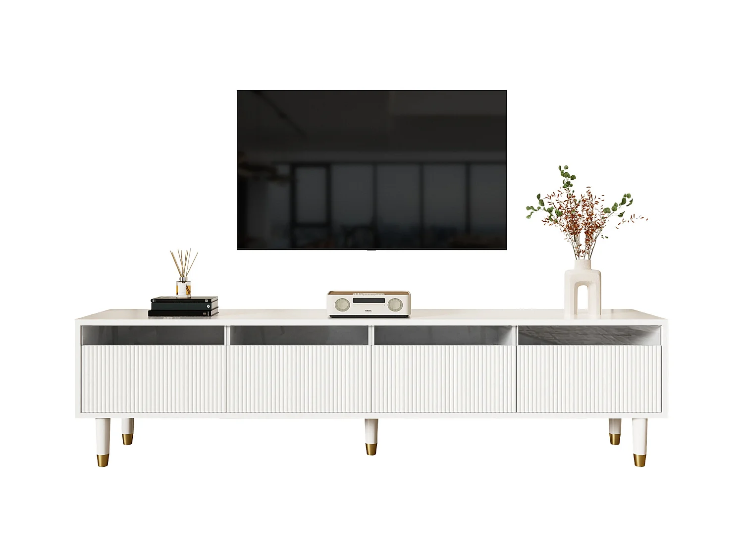 Meuble TV blanc minimaliste de 178 cm avec 4 tiroirs. En MDF et acrylique, robuste et polyvalent pour le salon.