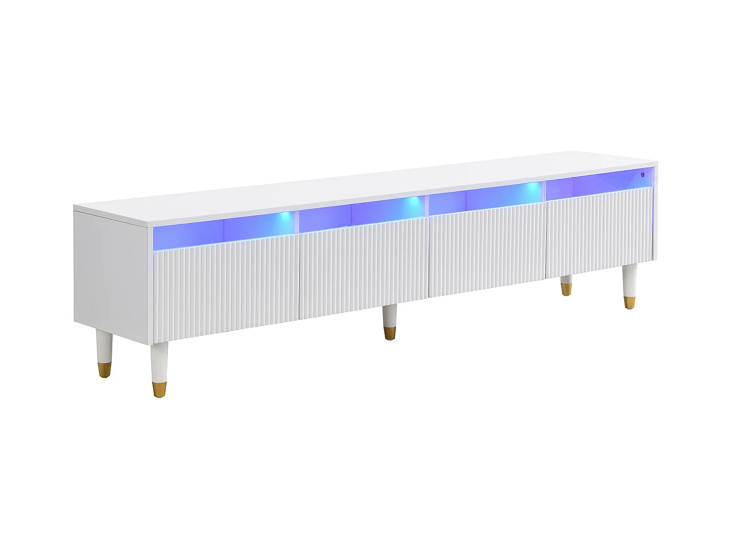 Meuble TV blanc minimaliste de 178 cm avec 4 tiroirs. En MDF et acrylique, robuste et polyvalent pour le salon.