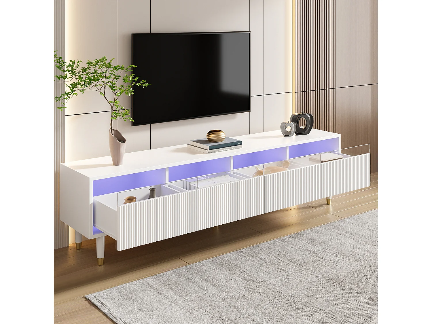 Meuble TV blanc minimaliste de 178 cm avec 4 tiroirs. En MDF et acrylique, robuste et polyvalent pour le salon.