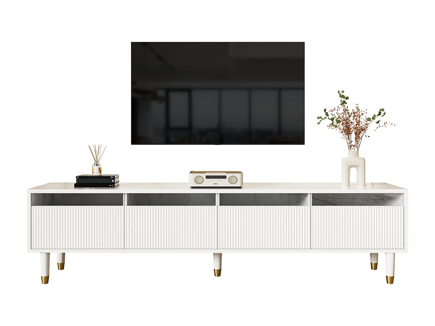 Meuble TV blanc minimaliste de 178 cm avec 4 tiroirs. En MDF et acrylique, robuste et polyvalent pour le salon.