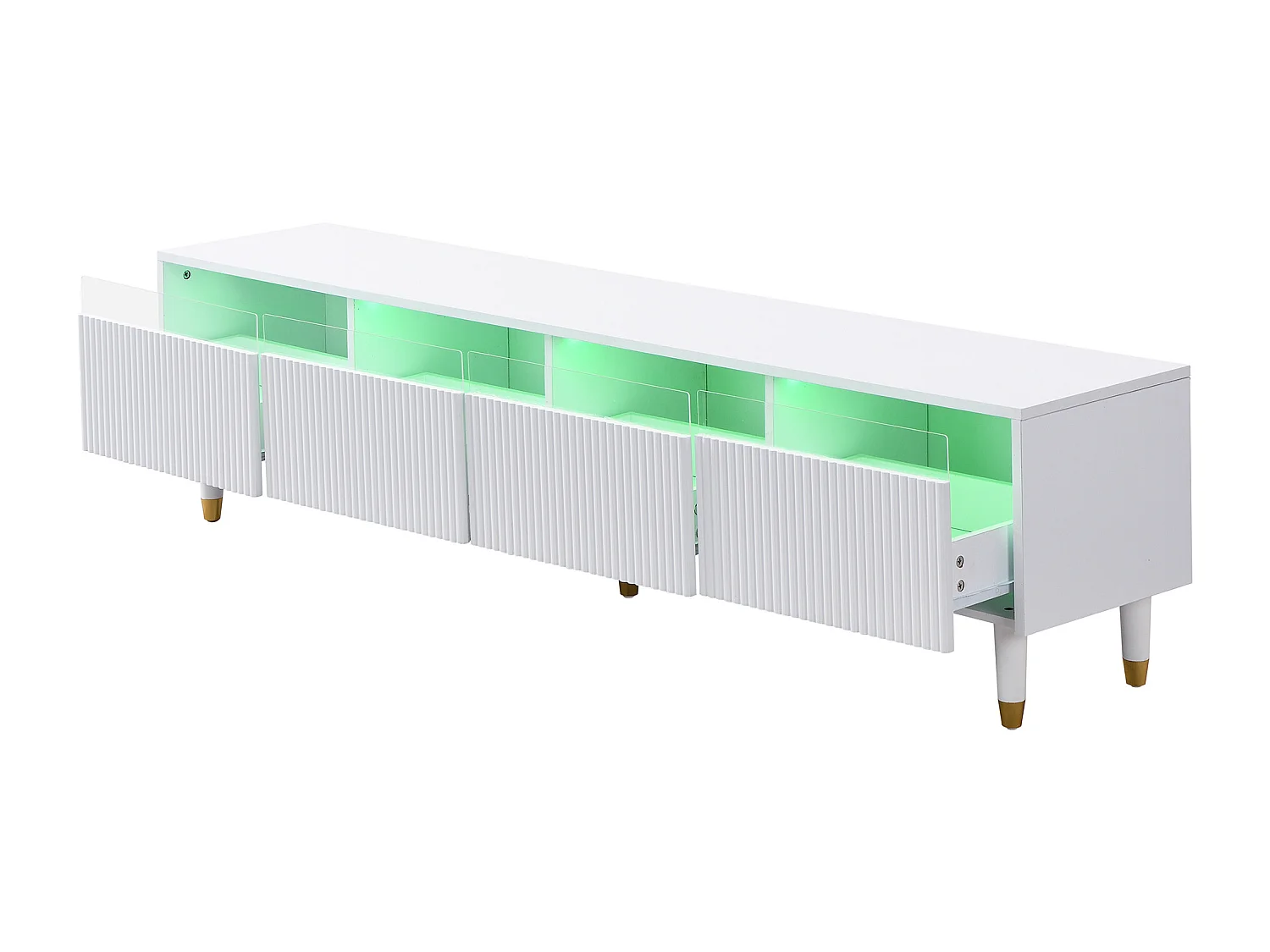 Meuble TV blanc minimaliste de 178 cm avec 4 tiroirs. En MDF et acrylique, robuste et polyvalent pour le salon.