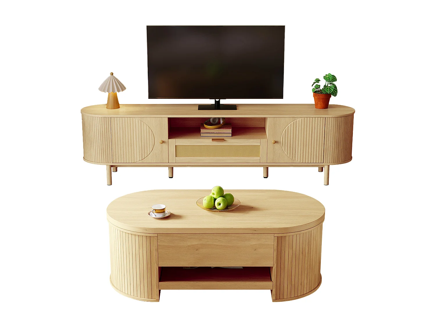 Conjunto de sala con mesa de centro regulable en altura y mueble de TV. Diseño moderno y armonioso con bordes redondeados.