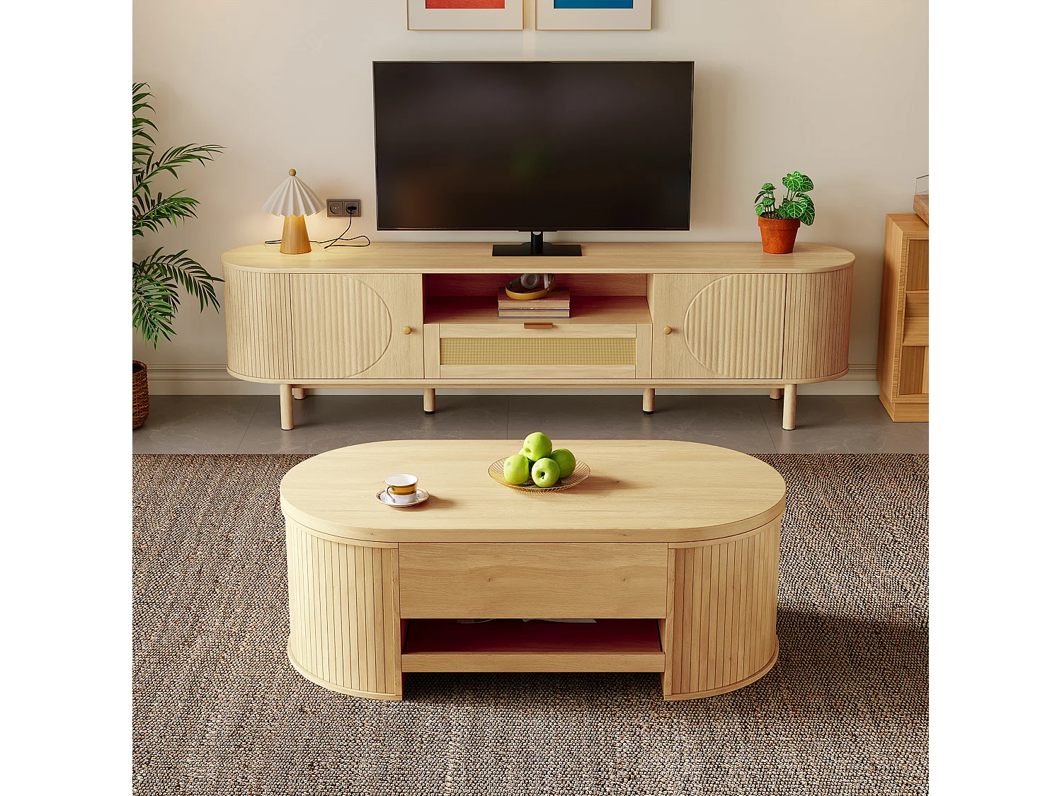 Conjunto de sala con mesa de centro regulable en altura y mueble de TV. Diseño moderno y armonioso con bordes redondeados.