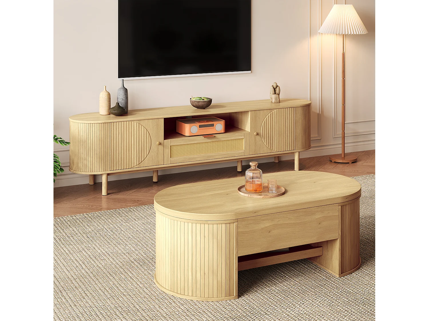 Conjunto de sala con mesa de centro regulable en altura y mueble de TV. Diseño moderno y armonioso con bordes redondeados.