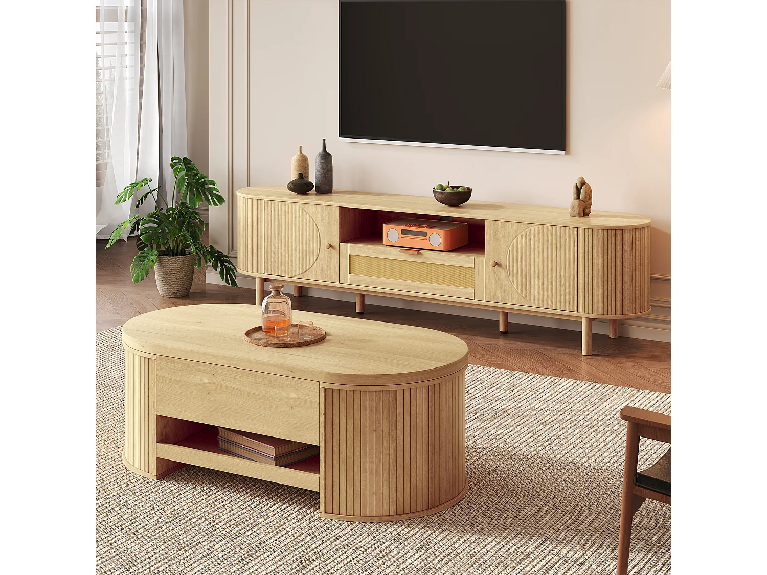 Conjunto de sala con mesa de centro regulable en altura y mueble de TV. Diseño moderno y armonioso con bordes redondeados.