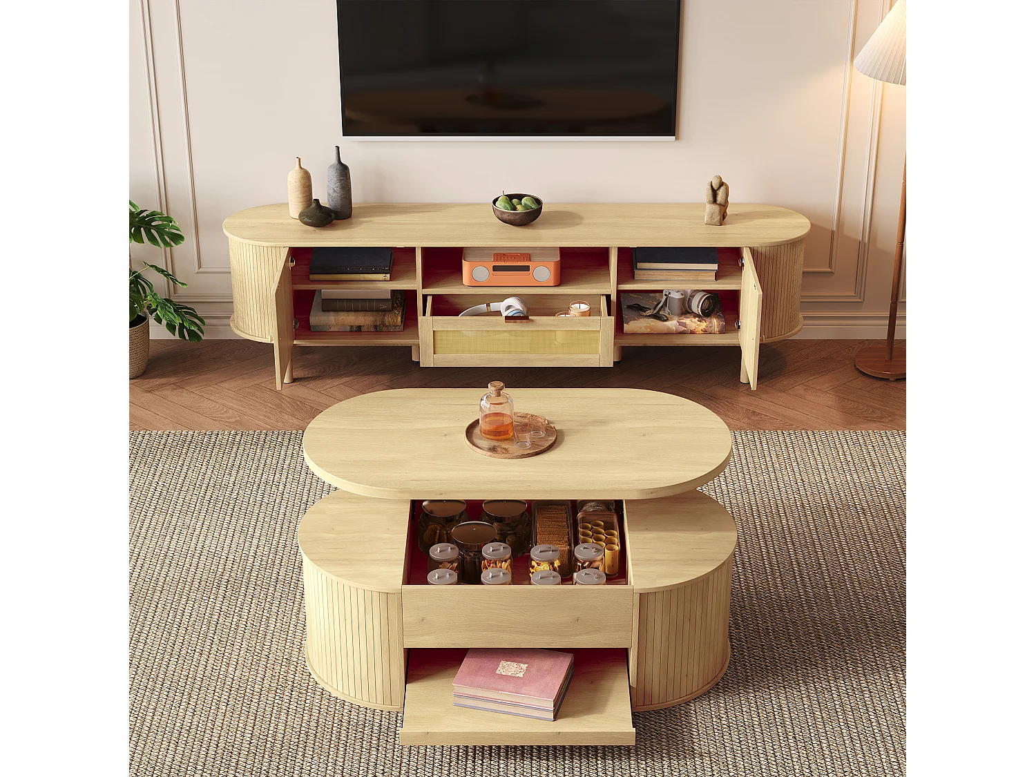 Conjunto de sala con mesa de centro regulable en altura y mueble de TV. Diseño moderno y armonioso con bordes redondeados.