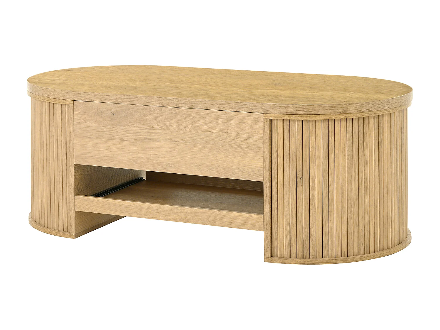 Conjunto de sala con mesa de centro regulable en altura y mueble de TV. Diseño moderno y armonioso con bordes redondeados.