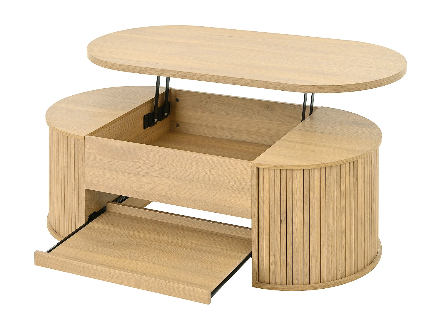 Conjunto de sala con mesa de centro regulable en altura y mueble de TV. Diseño moderno y armonioso con bordes redondeados.