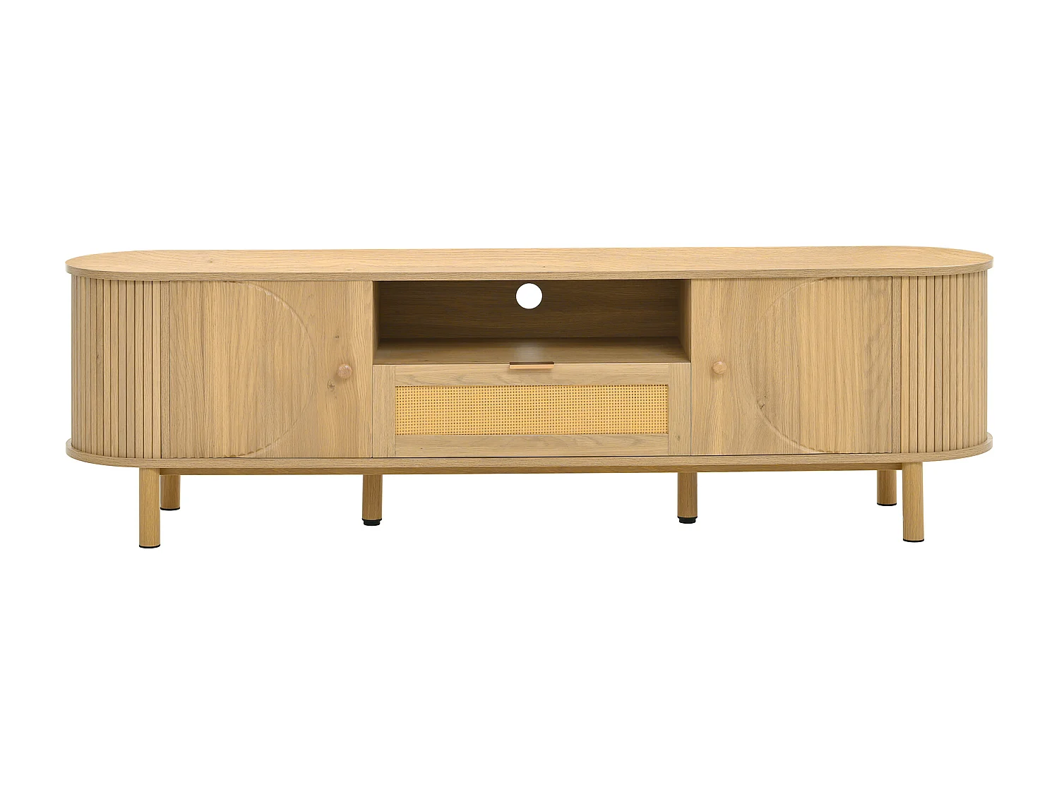 Conjunto de sala con mesa de centro regulable en altura y mueble de TV. Diseño moderno y armonioso con bordes redondeados.