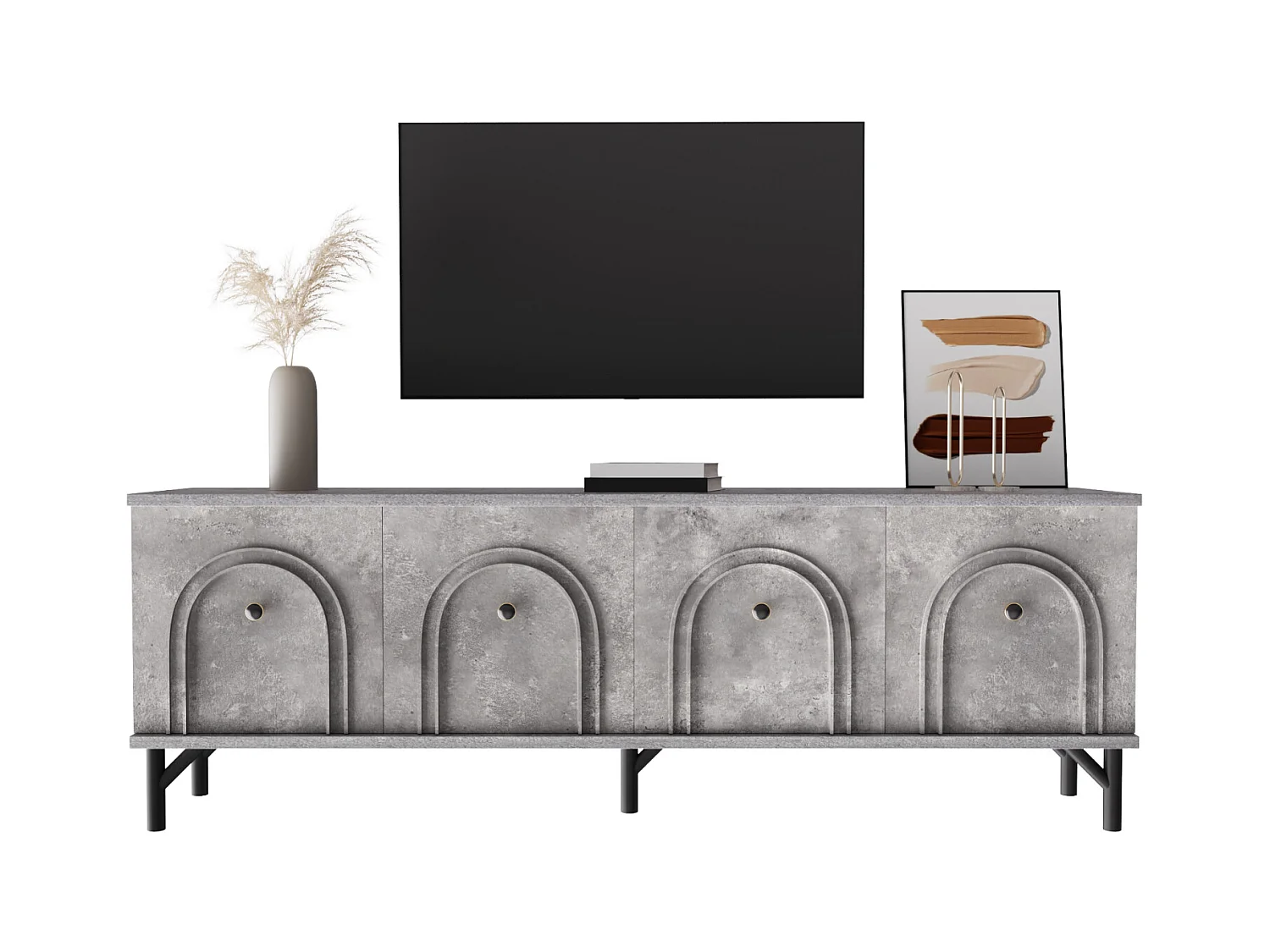 Meuble TV moderne gris à quatre portes de 160 cm, avec charnières à fermeture amortie et design élégant. Idéal pour un espace de divertissement.