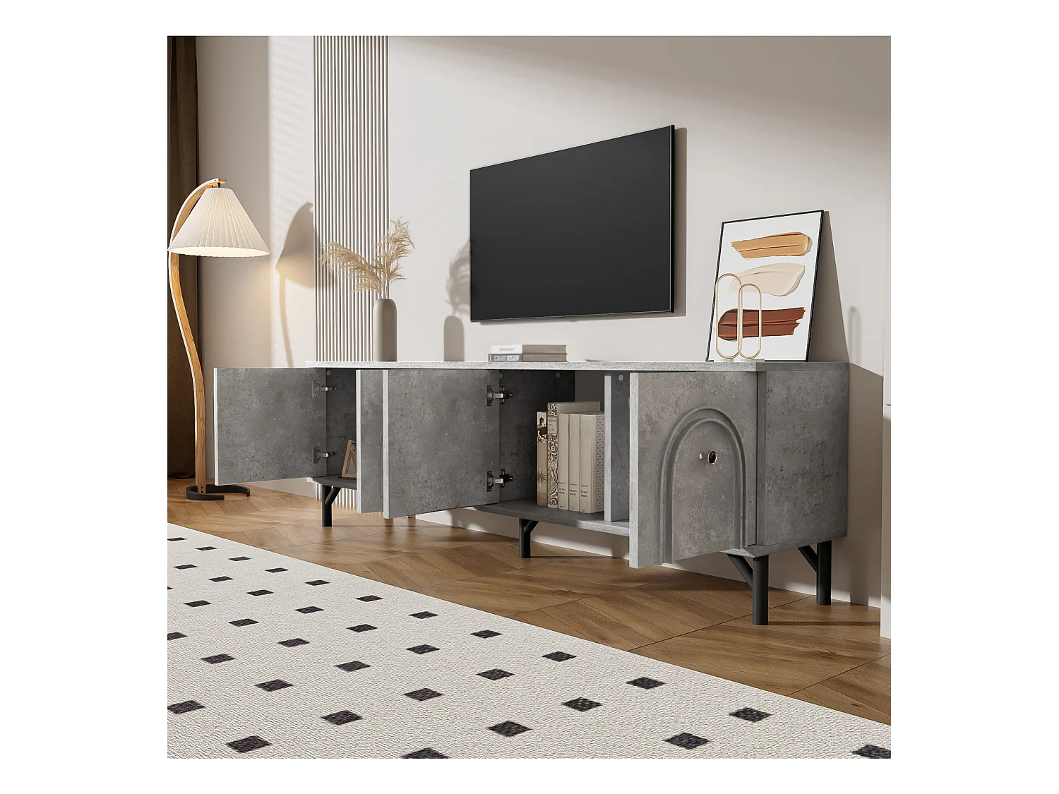 Meuble TV moderne gris à quatre portes de 160 cm, avec charnières à fermeture amortie et design élégant. Idéal pour un espace de divertissement.
