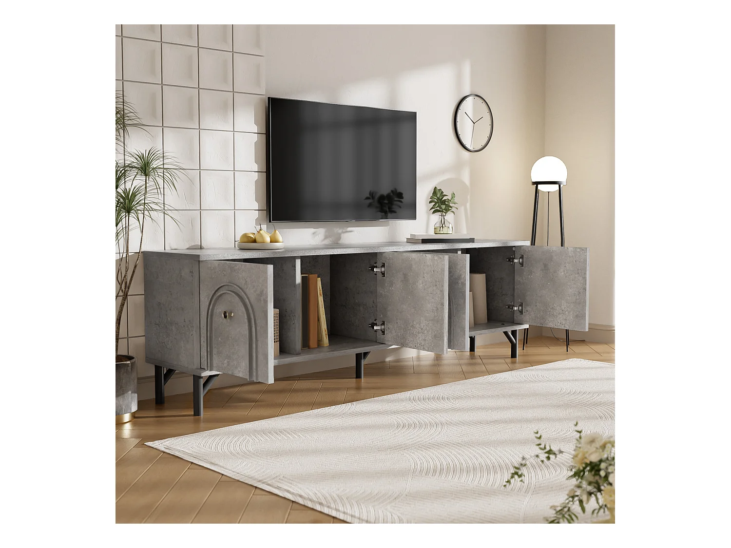 Meuble TV moderne gris à quatre portes de 160 cm, avec charnières à fermeture amortie et design élégant. Idéal pour un espace de divertissement.