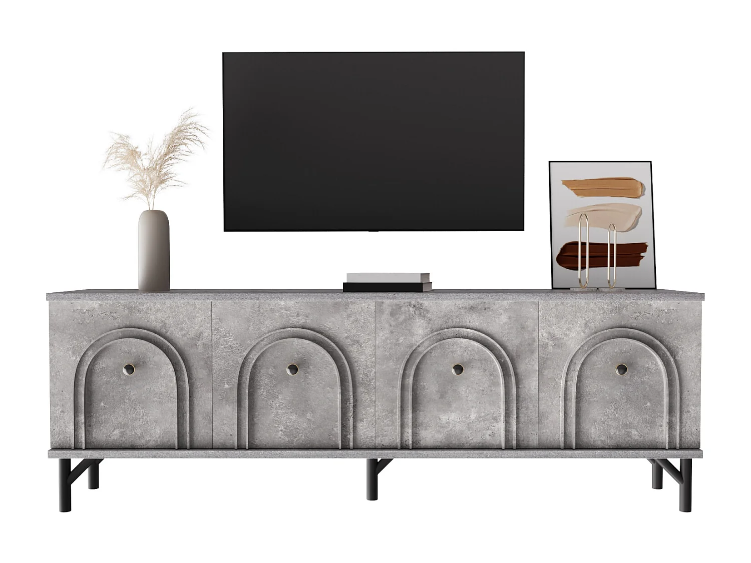 Meuble TV moderne gris à quatre portes de 160 cm, avec charnières à fermeture amortie et design élégant. Idéal pour un espace de divertissement.