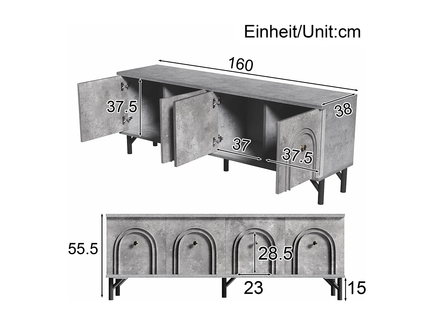 Meuble TV moderne gris à quatre portes de 160 cm, avec charnières à fermeture amortie et design élégant. Idéal pour un espace de divertissement.