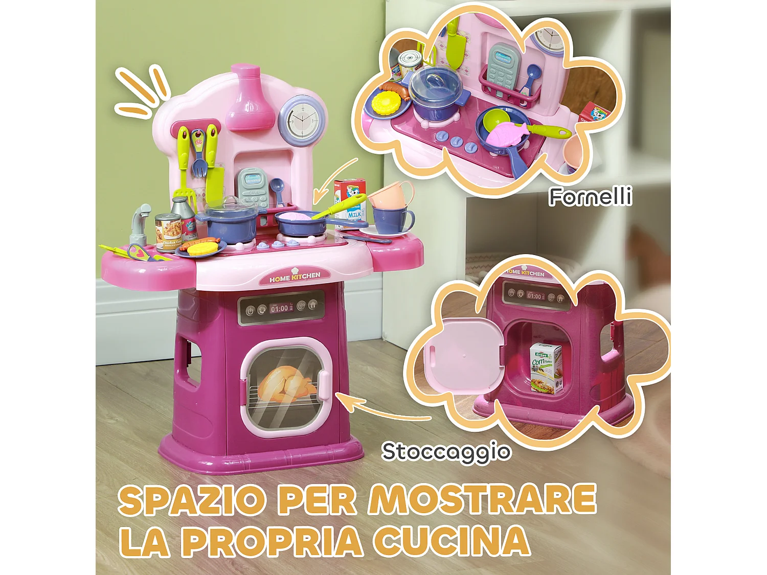 Cucina giocattolo per bambini con 38 accessori e suoni realistici rosa