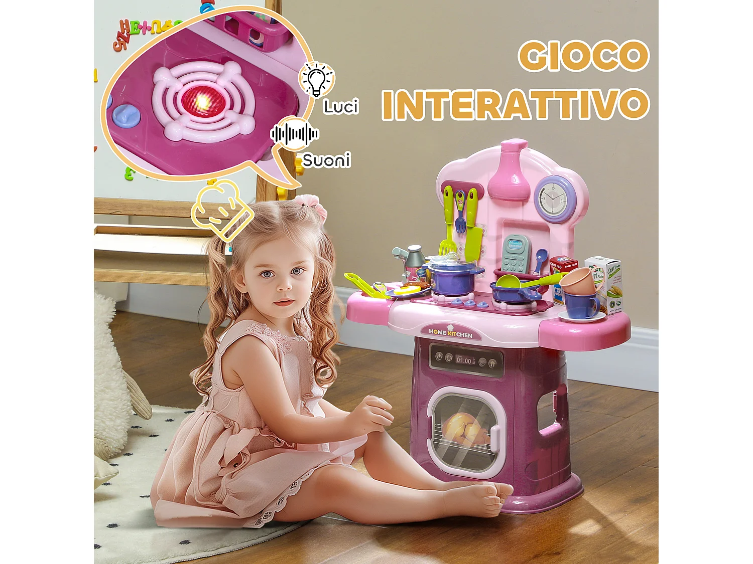 Cucina giocattolo per bambini con 38 accessori e suoni realistici rosa
