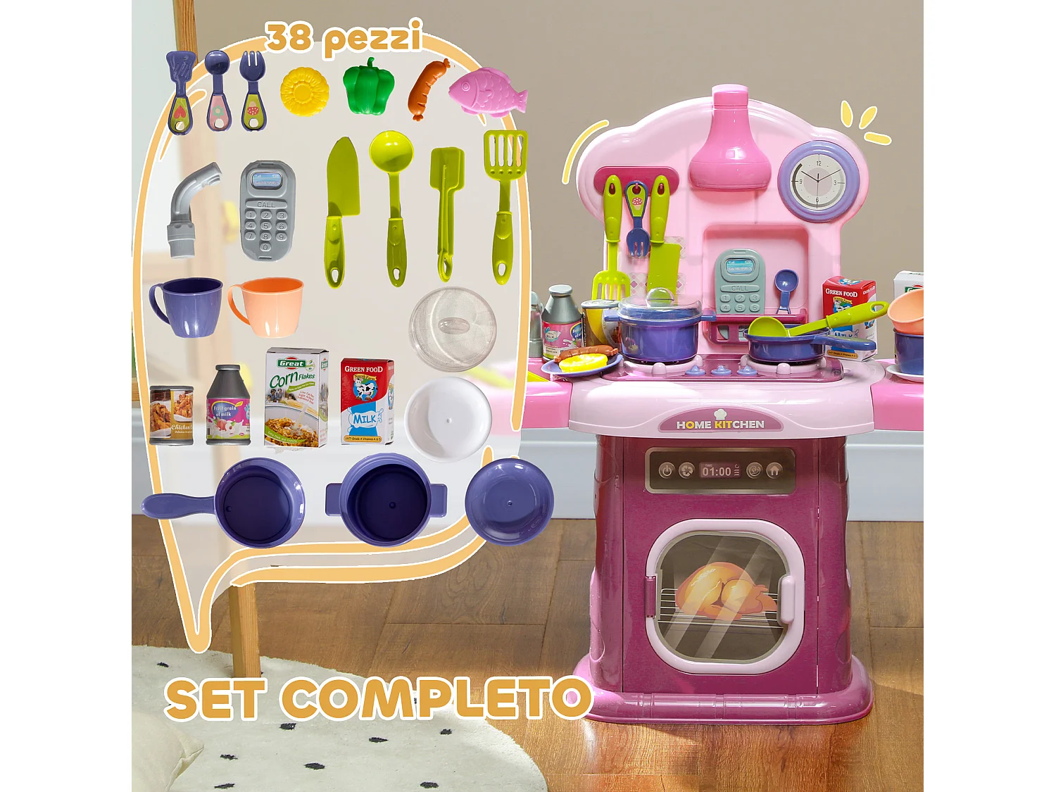 Cucina giocattolo per bambini con 38 accessori e suoni realistici rosa