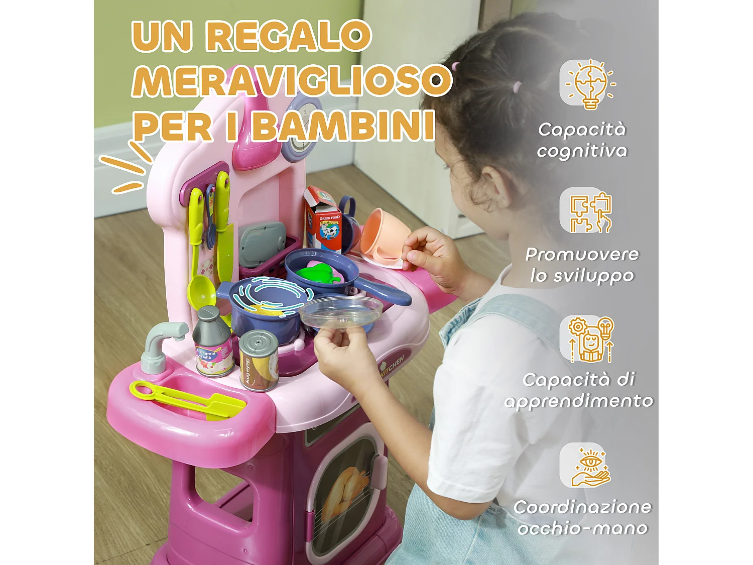 Cucina giocattolo per bambini con 38 accessori e suoni realistici rosa