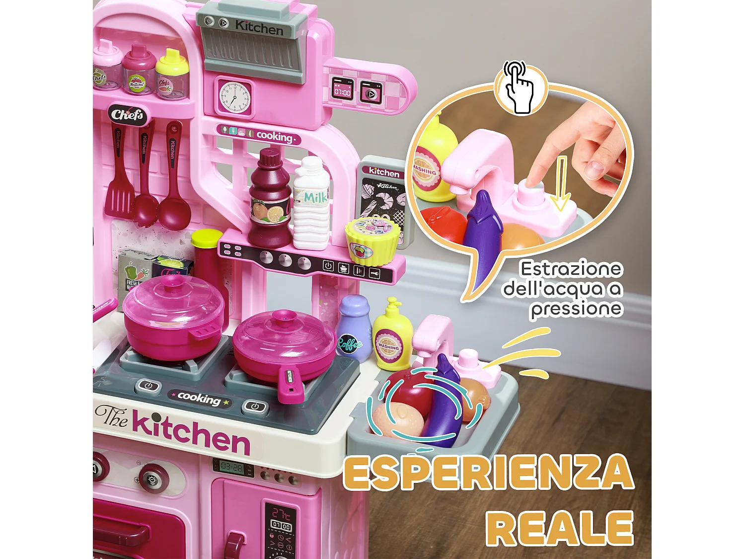 Cucina giocattolo per bambini da 33 pezzi rosa con luci e suoni