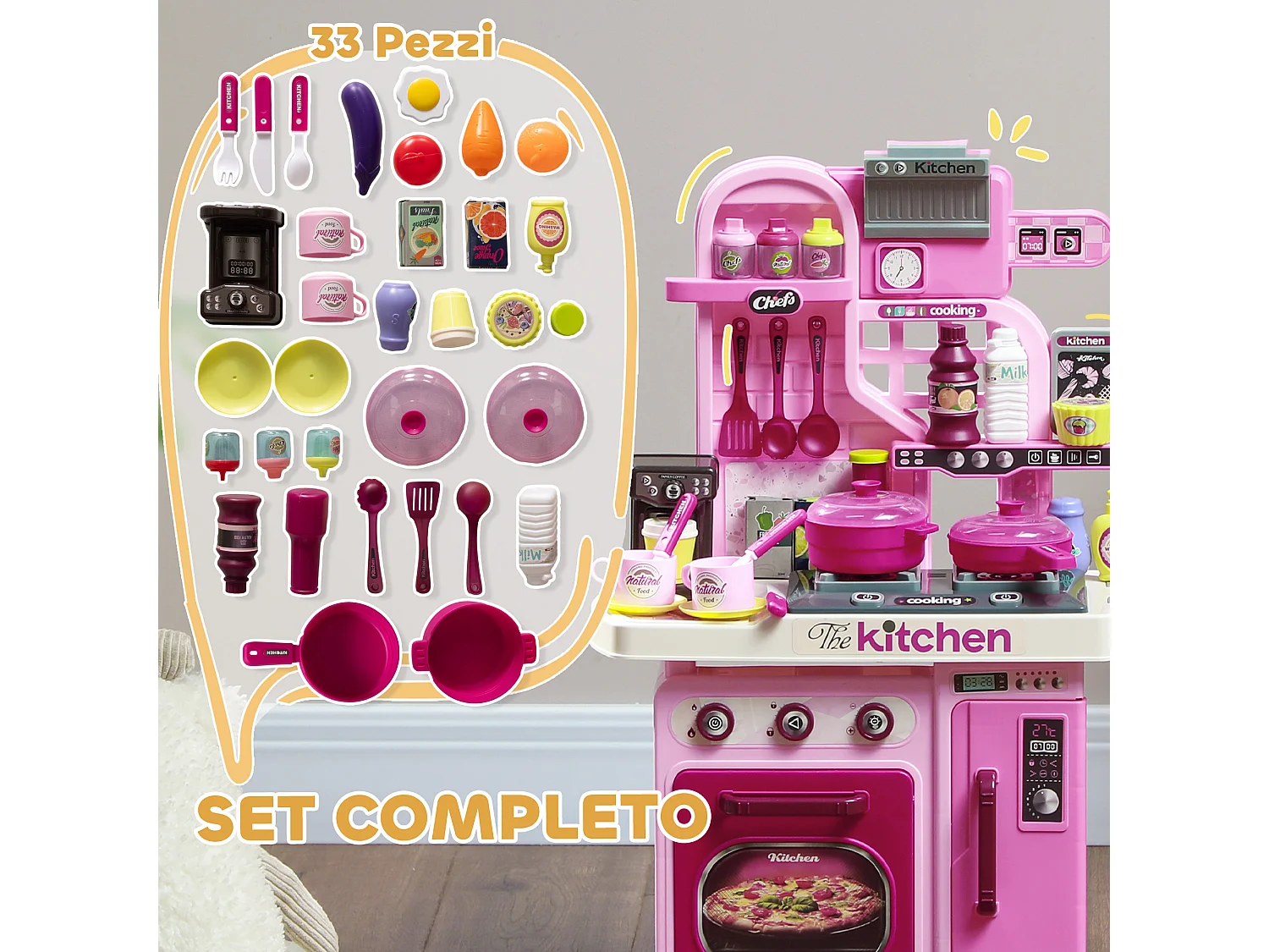 Cucina giocattolo per bambini da 33 pezzi rosa con luci e suoni