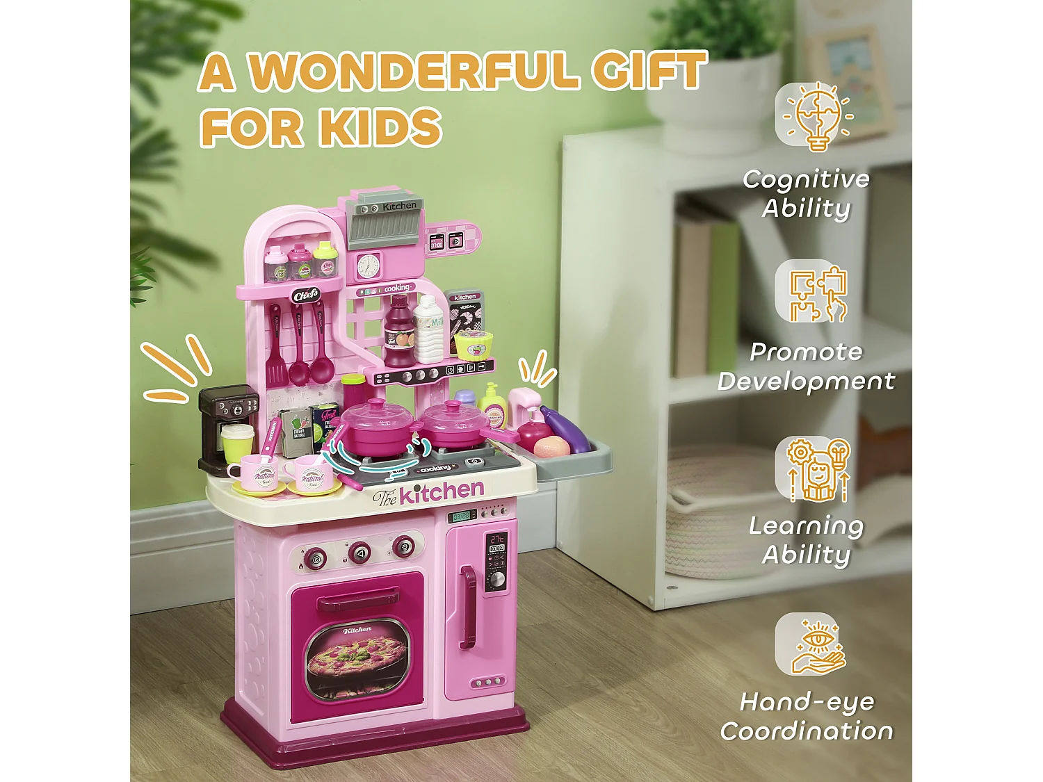 Cucina giocattolo per bambini da 33 pezzi rosa con luci e suoni