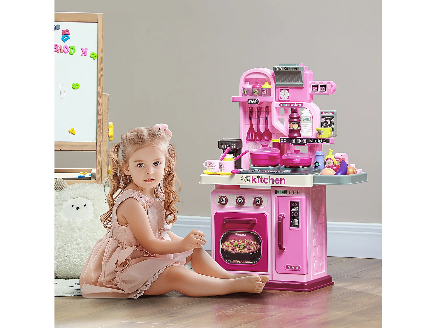 Cucina giocattolo per bambini da 33 pezzi rosa con luci e suoni