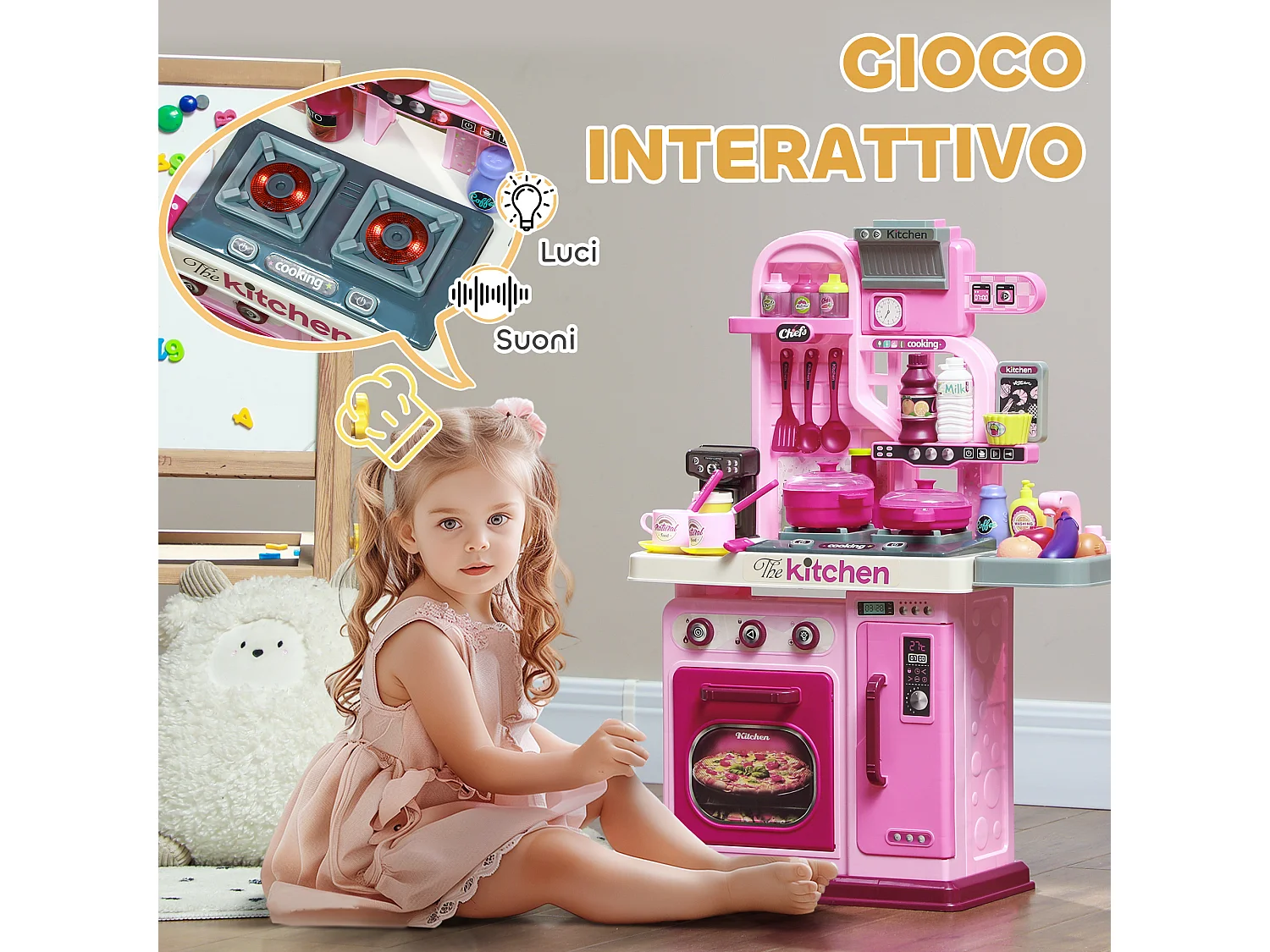 Cucina giocattolo per bambini da 33 pezzi rosa con luci e suoni