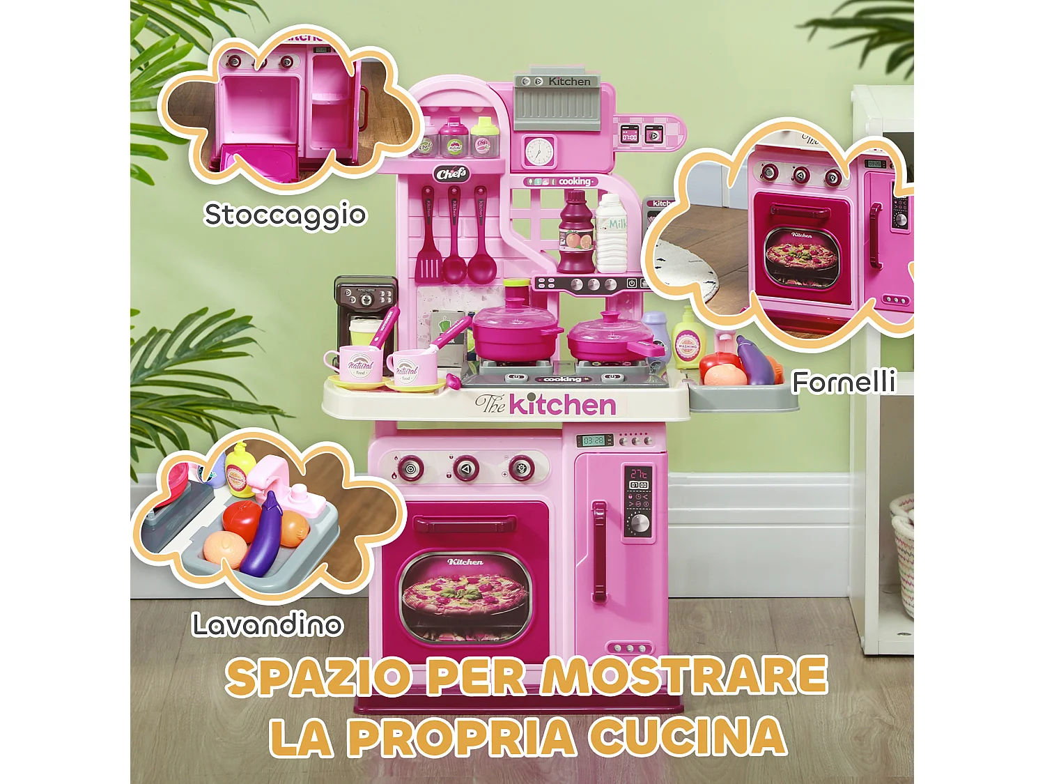 Cucina giocattolo per bambini da 33 pezzi rosa con luci e suoni