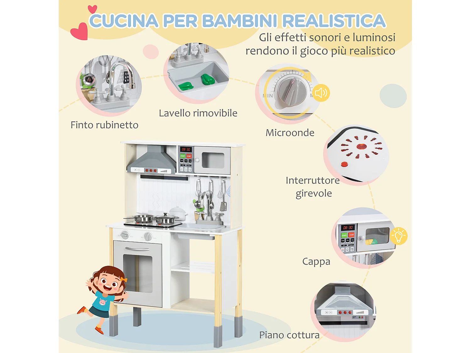 Cucina giocattolo per bambini 3-6 anni ad altezza regolabile