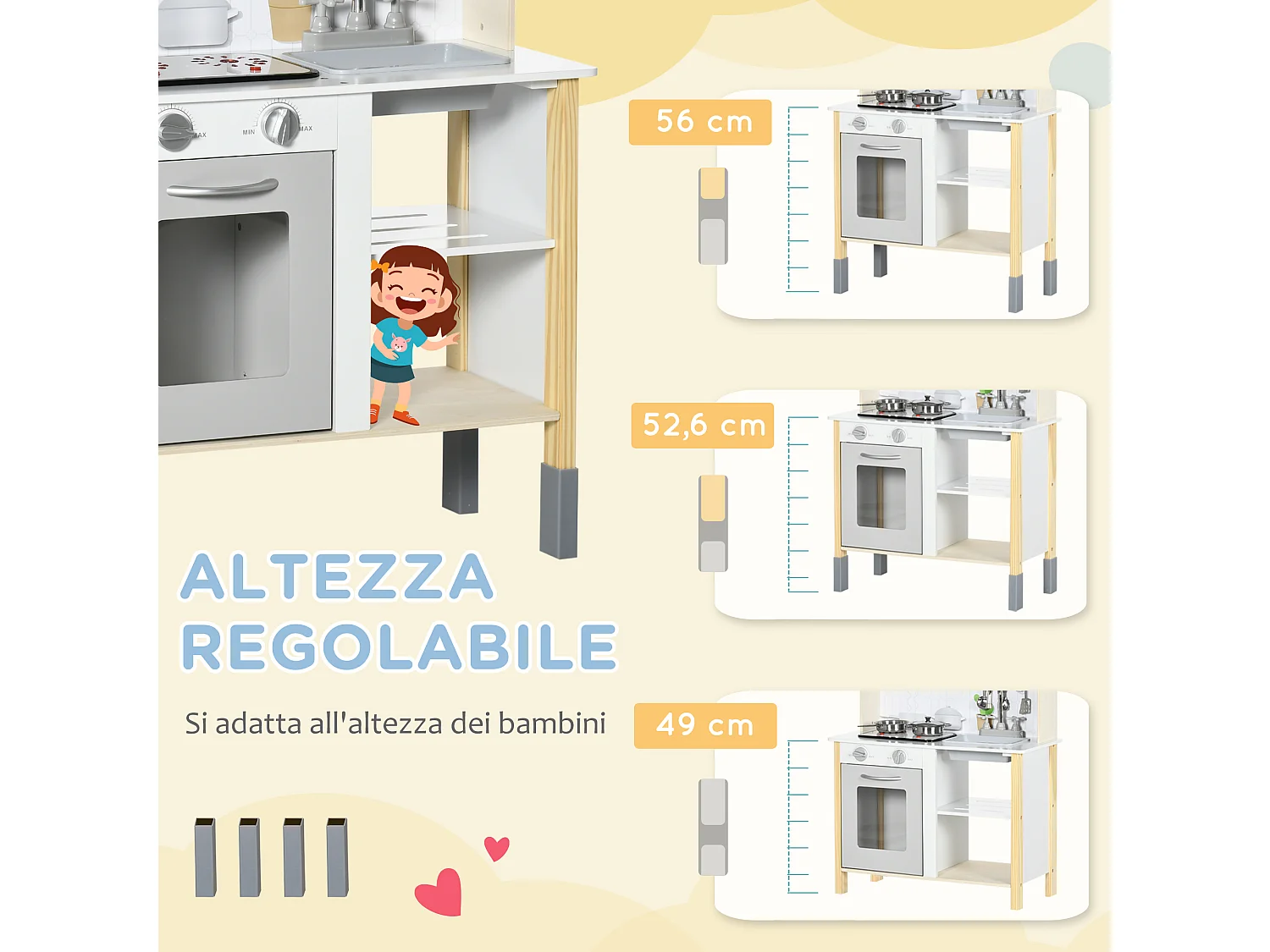 Cucina giocattolo per bambini 3-6 anni ad altezza regolabile