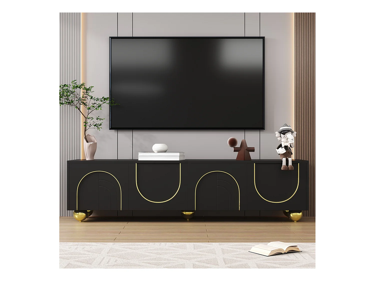 Meuble TV avec portes texturées, bordures et pieds dorés. Comprend des étagères et une fonction d'ouverture par pression.